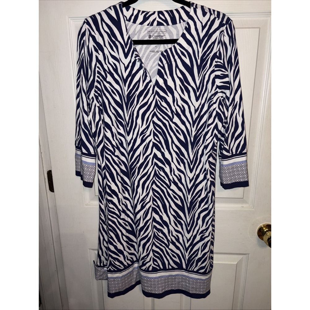 Coolibar L Oceanside Tunic Dress 3/4 Sleeve Blue Zebra Border Print UPF 50 Beach